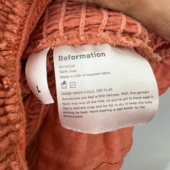 Reformation Hilary Coral Mini Smocked Dress Linen Square Double Puff Sleeves L - Picture 9 of 10